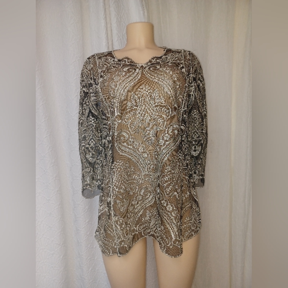 AET. 1946 Women Lace Blouse Size M Elegant Sheer Black and Gold Top